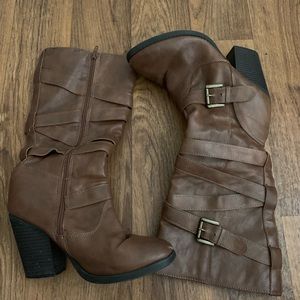 Brown buckle calf high boots